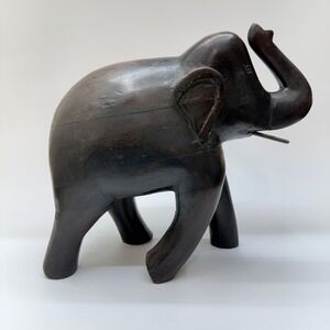 Large Wooden Hand Carved Elephant Figurine Trunk Up Lucky Eclectic Heavy Decor